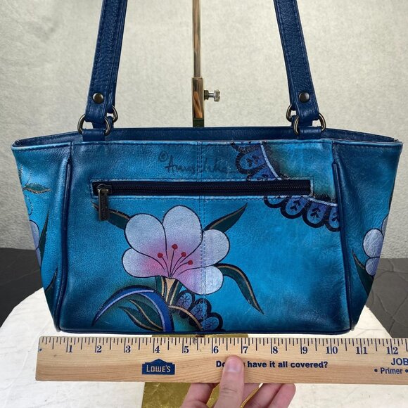 Gorgeous Anuschka Bag. Hand Painted Shoulder Bag. Blue And Rose Pattern. - Picture 3 of 16
